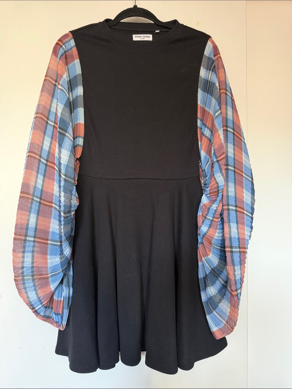 Opening Ceremony Fit & Flair Plaid Sleeve Mini Dresd